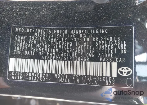 2020 Toyota Corolla Le z USA, uszkodzony, nr VIN 5YFEPRAE5LP128468